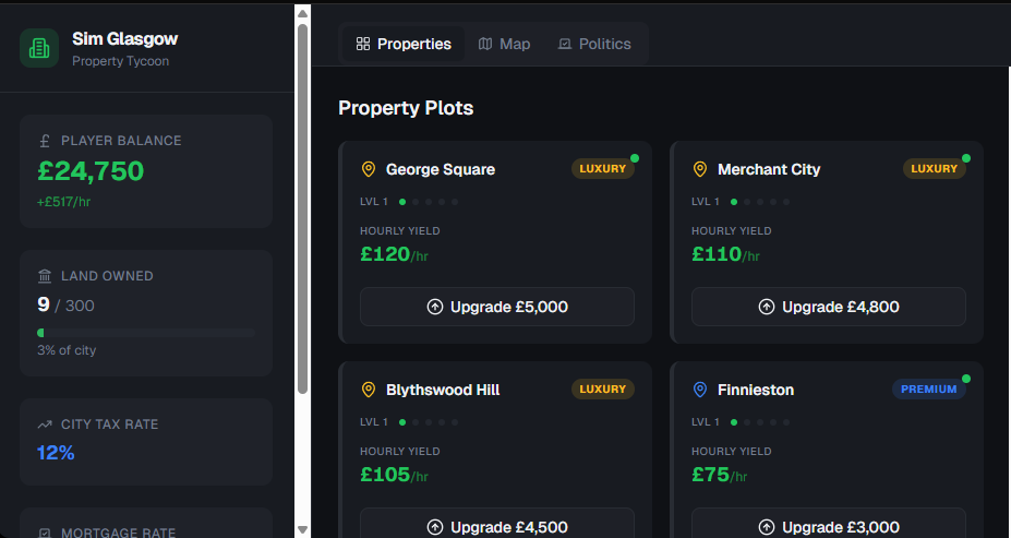 Sim Glasgow v0 dashboard — earliest UI iteration before the three-pillar split